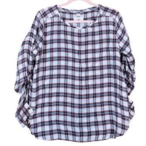 Ann Taylor LOFT Womens Shirt White Multicolored Plaid Roll Tab Lightweight Small